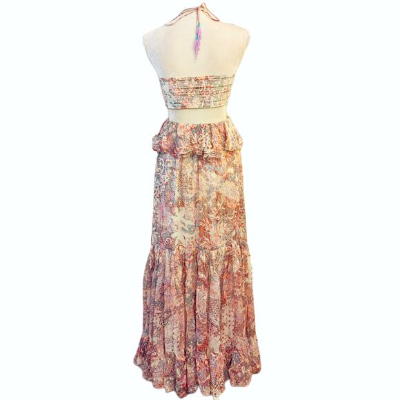 NWOT Rococo Sand Paola Halter Cutout Metallic Ruffle Maxi Dress $445 Medium - Picture 5 of 10